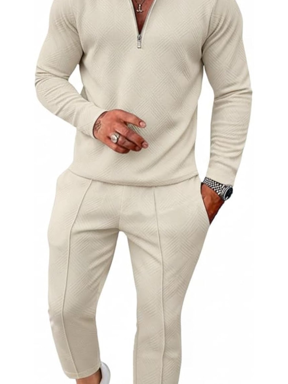 Men's Two-Piece Textured Knit Set in Cream